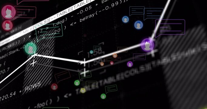 Displaying white polyline graph in dashboard with ticks, user icons, chat bubbles and data overlays - Powered by Adobe