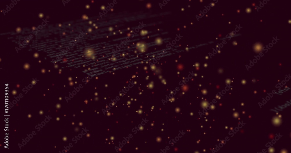 Wall mural drifting luminous yellow and orange orbs illuminating virtual data space, with faint code lines