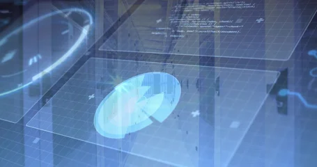 Fotobehang Aroma Hovering circular holographic disc showing leaf emblem in 3D scene, with grids and code snippets  © vectorfusionart