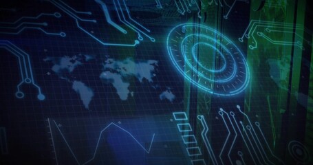 Floating HUD ring over interface with holographic world map, neon circuits, line graphs and bars