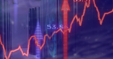 Displaying red fluctuating financial line graph with upward arrow over server racks with grid lines