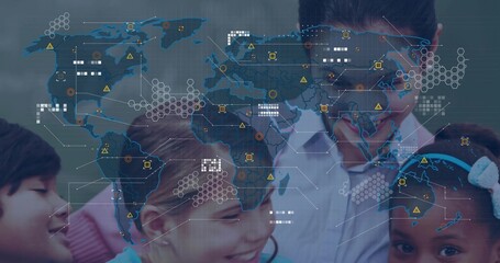 Guiding educator showing children stethoscope use inside classroom, with digital world map overlay