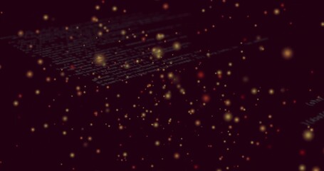 Drifting luminous yellow and orange orbs illuminating virtual data space, with faint code lines