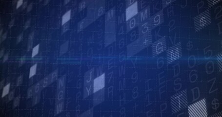 Glowing alphanumeric characters moving across grid lines with bright hatched squares, blue streak