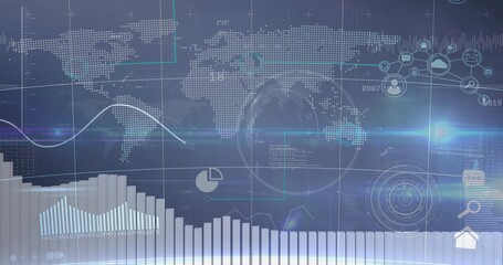 Displaying dashboard onscreen with code overlay, dotted world map, charts, house and search icons