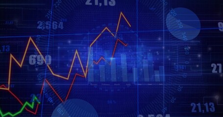 Displaying chart on blue grid with bar graph, orange, red and green lines, numeric labels, circles