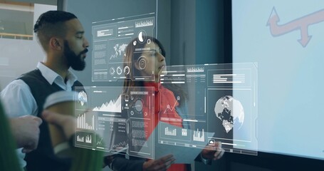 Colleagues analyzing floating data panels in office, with tablet coffee cup red arrow projection