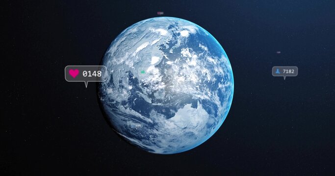 Naklejki Planet Earth rotating in cosmic space, with social media style bubbles '0148' heart and '7182' user