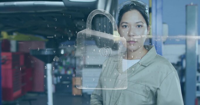 Technician examining 3D padlock interface in workshop, wearing coveralls and goggles, copy space - Powered by Adobe