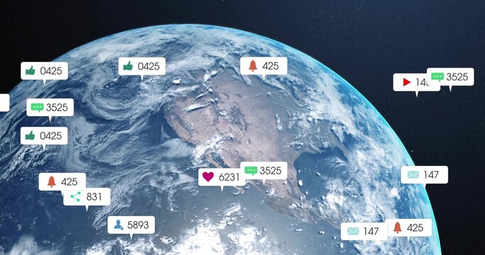 Naklejki Displaying Earth from orbit, highlighting social media notification icons for global connectivity