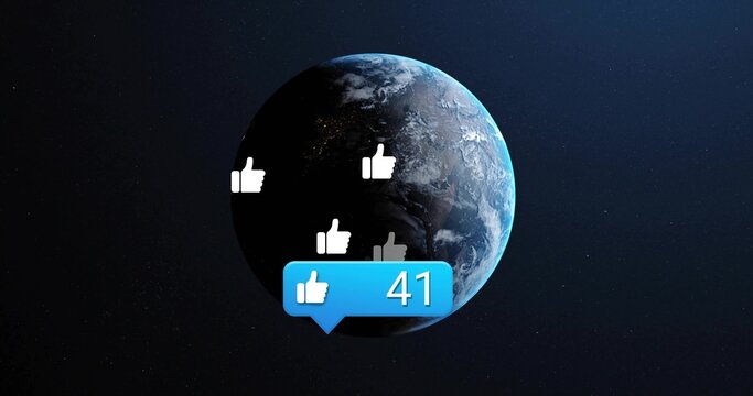 Naklejki Earth rotating in outer space, with white thumbs-up icons, blue notification bubble showing 41