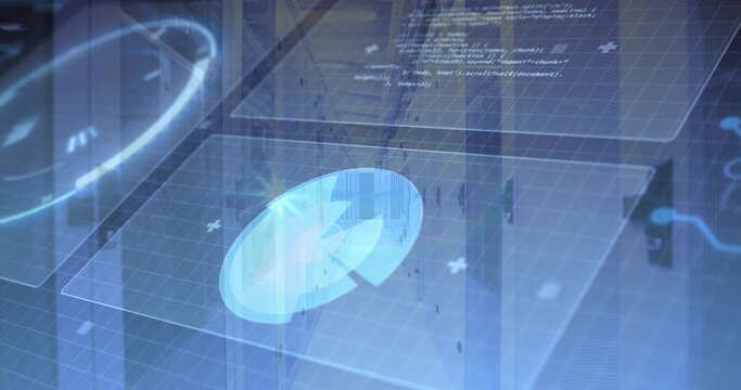 Fototapeta Hovering circular holographic disc showing leaf emblem in 3D scene, with grids and code snippets