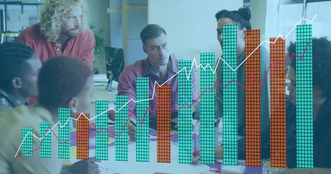 Reviewing data, six colleagues collaborating in conference room, with laptop and AR chart