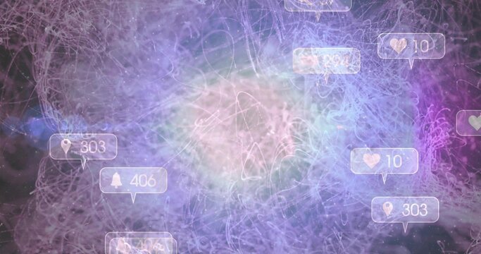 Swirling abstract data network cluster in digital space, with translucent heart pin bell icons