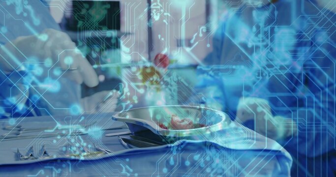 Manipulating gloved hands handling surgical tray with forceps in operating room, circuit overlay