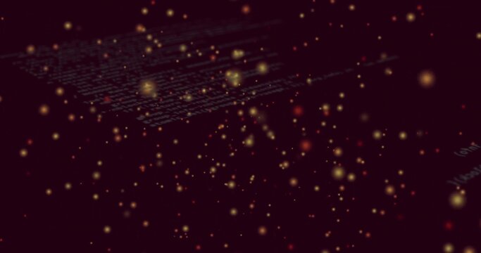 Drifting luminous yellow and orange orbs illuminating virtual data space, with faint code lines - Powered by Adobe