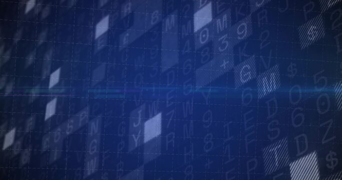 Glowing alphanumeric characters moving across grid lines with bright hatched squares, blue streak - Powered by Adobe