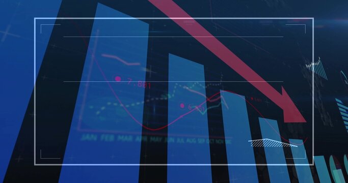 Displaying downward-trending bar chart on dashboard, with blue monthly bars, red arrow, white frame