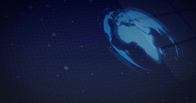 Naklejki Projecting holographic Earth globe graphic on digital grid with plus-shaped data points, copy space