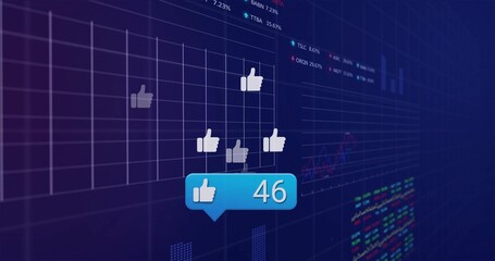 Floating thumbs-up icons with blue like bubble showing 46 moving over data grid, colored charts