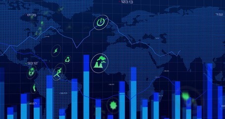Displaying data dashboard showing world map grid, bar and line charts, green energy icons, labels