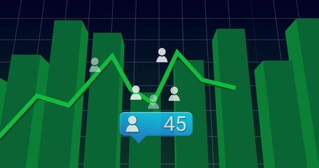 Displaying 3D green bars and green line graph on dashboard showing white user icons blue callout