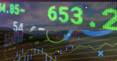Blending market charts over rural farmland at dawn, with numeric tickers and candlestick bars