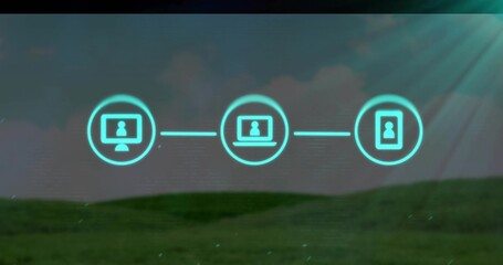 Floating three neon device icons connecting with glowing lines over grassy hill in digital sky