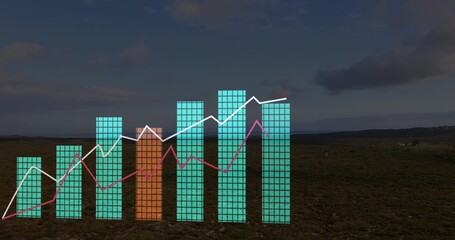 Displaying data chart overlay tracing trends over scrubland plain, with bar charts and line graphs