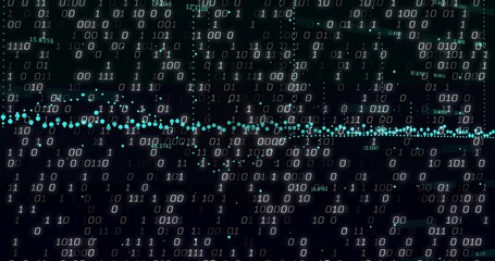 Displaying binary code pattern and teal data points in data interface, with numeric overlays
