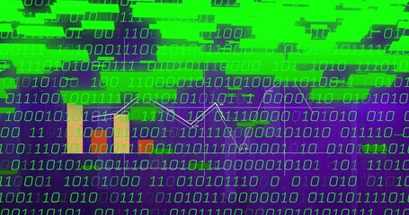Displaying line graph and colored bar chart in abstract dashboard, with green binary code overlay