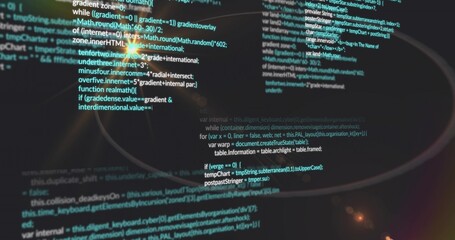 Displaying monitor showing JavaScript code at coder desk, with coffee ring stain and bokeh lighting