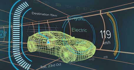 Obraz premium Showing wireframe car model navigating in virtual grid tunnel, with digital dashboard elements