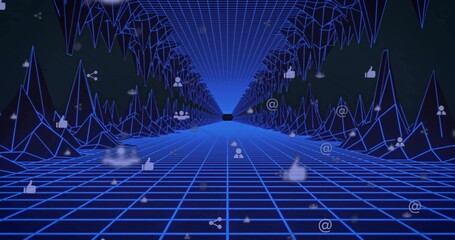 Displaying neon-blue wireframe tunnel converging at data space, with floating social media icons