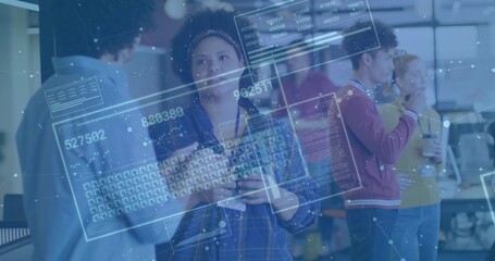 Brainstorming woman wearing plaid shirt holding tablet at tech office with holographic overlays