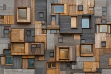 A facade of varying wood and gray panels, filled with many small, square windows