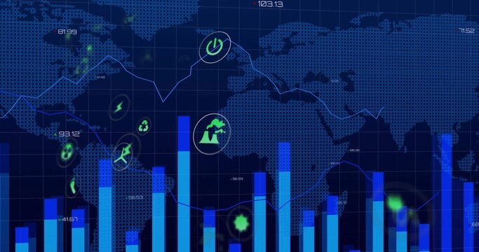 Displaying data dashboard showing world map grid, bar and line charts, green energy icons, labels - Powered by Adobe