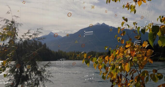 Fototapeta Rippling river at mountainside with digital overlay, autumn foliage on right, copy space