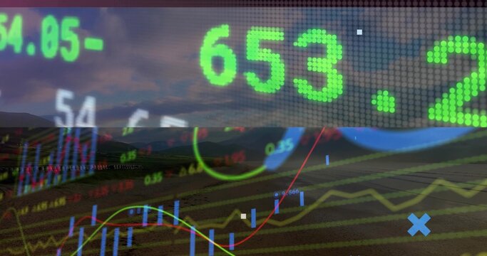 Blending market charts over rural farmland at dawn, with numeric tickers and candlestick bars