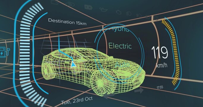 Fototapeta Showing wireframe car model navigating in virtual grid tunnel, with digital dashboard elements