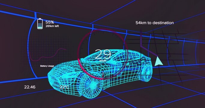 Displaying neon-blue wireframe car cruising in 3D grid tunnel, with HUD speedometer battery icon