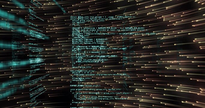 Displaying central code panel projecting colorful data flow in virtual tunnel, with light streaks
