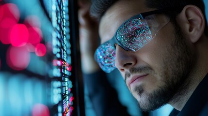 Medium shot of technician inspecting edge computing server rack with holographic network interface.
