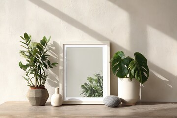 Empty frame, plants, sunlit, minimalist