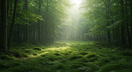 Fototapeta premium Enchanting Sunlit Mossy Forest Path
