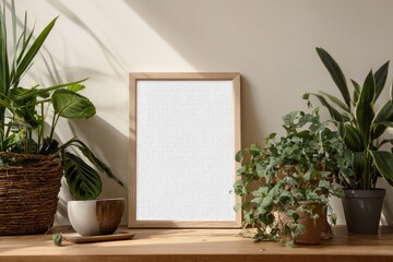 Blank framed art on a wooden shelf surrounded by plants. Sunlight streams in