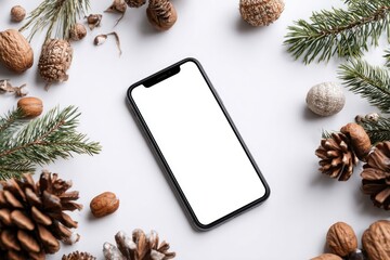 Smartphone surrounded by wintery decorations