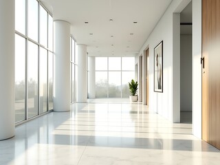 Obraz premium Bright modern office hallway with large windows and natural light creating a clean and professional atmosphere isolated on white background
