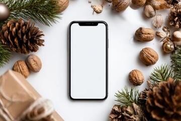 Smartphone centered on a white background, framed by Christmas decorations