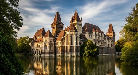 Obraz premium Vajdahunyad Castle in Budapest, Hungary a mesmerizing blend of architectural styles reflected in